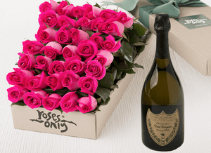 36 Bright Pink Roses Gift Box & Champagne