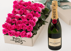 36 Bright Pink Roses Gift Box & Champagne