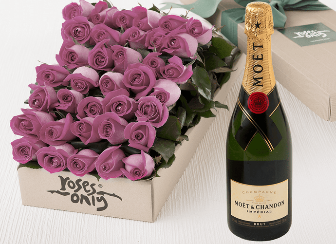 36 Mauve Roses Gift Box & Champagne