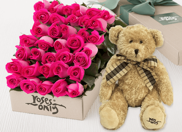 36 Bright Pink Roses Gift Box & Teddy Bear