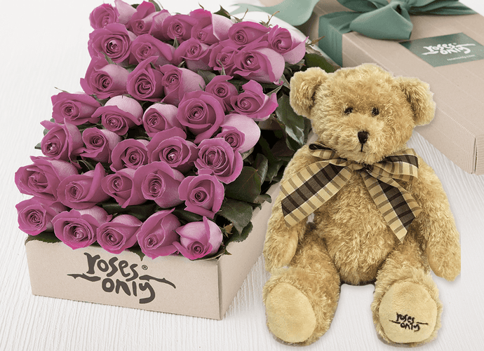 36 Mauve Roses Gift Box & Teddy Bear
