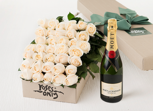 36 White Cream Roses Gift Box & Champagne