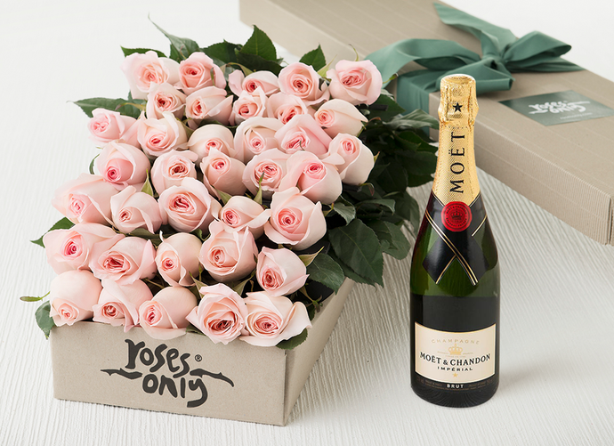 36 Pastel Pink Roses Gift Box & Champagne