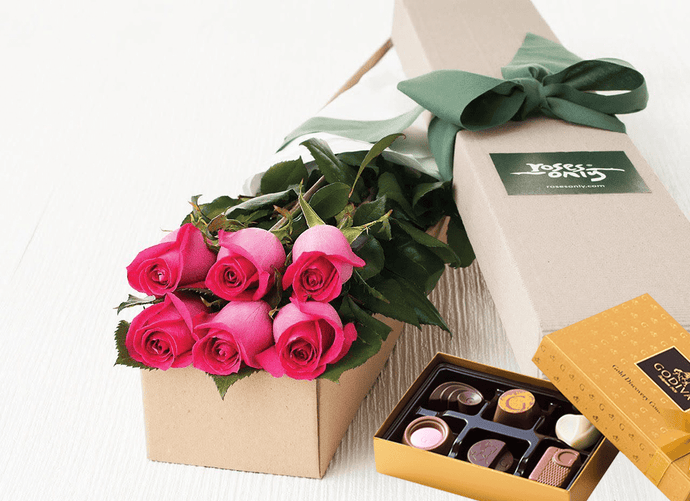 6 Bright Pink Roses Gift Box & Chocolates