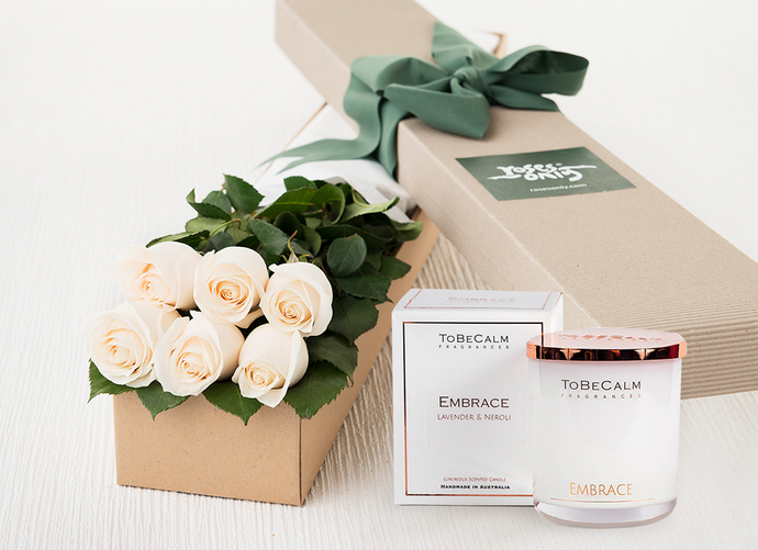 6 White Cream Roses Gift Box & Scented Candle