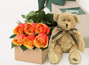 6 Cherry Brandy Roses Gift Box & Teddy Bear