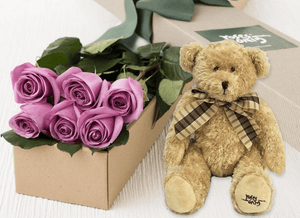 6 Mauve Roses Gift Box & Teddy Bear