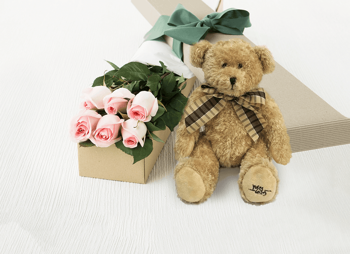 6 Pastel Pink Roses Gift Box & Teddy Bear