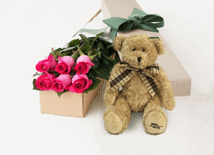 6 Bright Pink Roses Gift Box & Teddy Bear