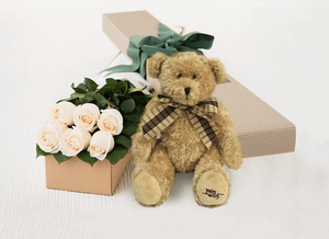 6 White Cream Roses Gift Box & Teddy Bear