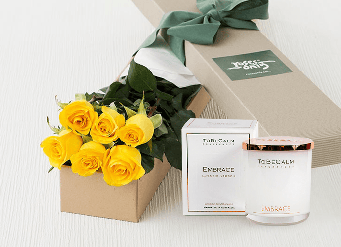 6 Yellow Roses Gift Box & Scented Candle