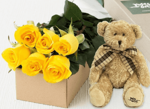 6 Yellow Roses Gift Box & Teddy Bear