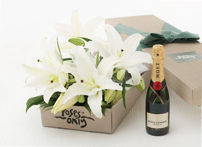 10 WHITE LILIES + MOET & CHANDON BRUT IMPERIAL 375ML GIFT BOX