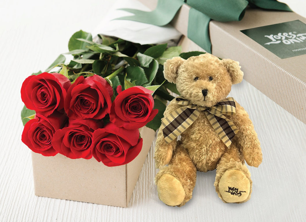 6 RED ROSES GIFT BOX & TEDDY BEAR