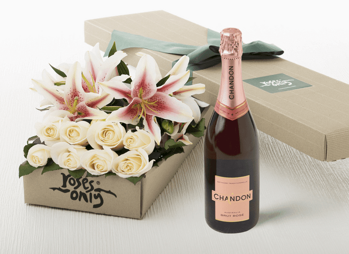 6 PINK LILIES & 6 WHITE CREAM ROSES GIFT BOX & CHANDON ROSE 750ML