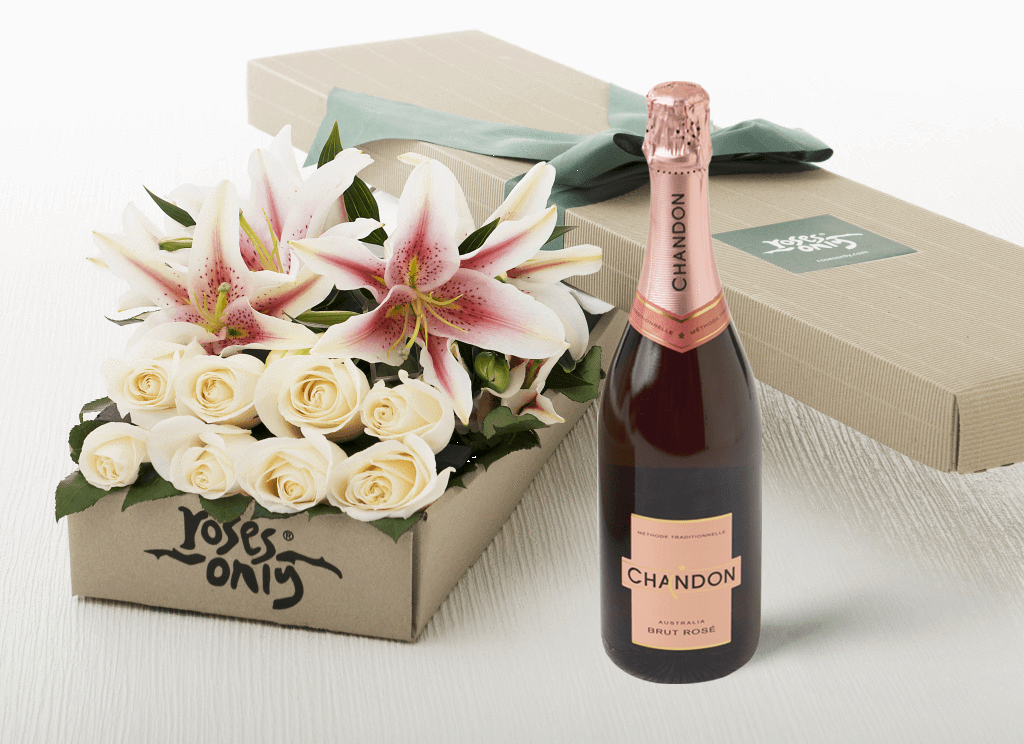 6 PINK LILIES & 6 WHITE CREAM ROSES GIFT BOX & CHANDON ROSE 750ML