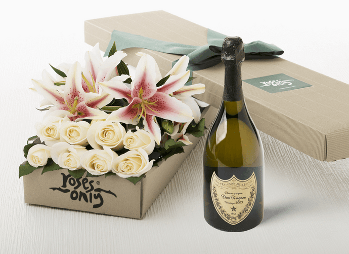 6 PINK LILIES & 6 WHITE CREAM ROSES GIFT BOX + DOM PERIGNON VINTAGE 750ML